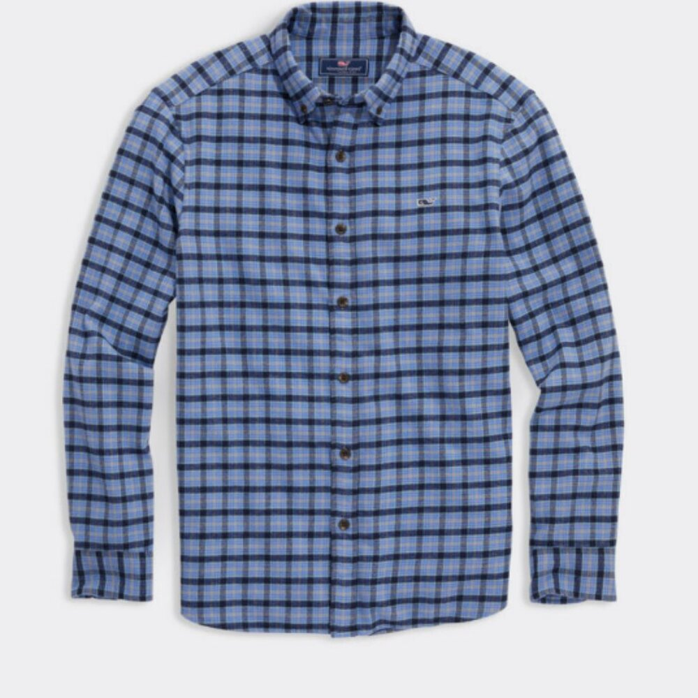 Vineyard Vines Flannel Check Whale Shirt in Navy